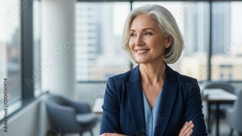 Confident and accomplished mature businesswoman with silver hair and a warm smile, wearing a navy blue suit and light blue blouse, thoughtfully gazing out a large window in a modern office setting Free Download Confident and accomplished mature businesswoman with silver hair and a warm smile, wearing a navy blue suit and light blue blouse, thoughtfully gazing out a large window in a modern office setting - GFXLoad