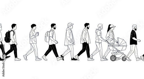 Diverse people walking in a line, men, women, and family with baby carriage.