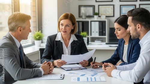 Professional and attentive business team consisting of two men and two women in formal attire, seated around a light wood conference table, intensely reviewing documents and charts under bright,