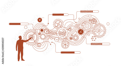 Man interacting with complex gears and progress bars system