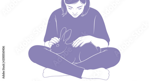 Minimalist illustration of woman gently petting a rabbit