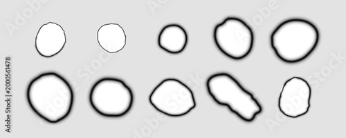 Paper burnt hole frames vector set, charred overlay effect, burned paper round border with fire scorched edges and ash