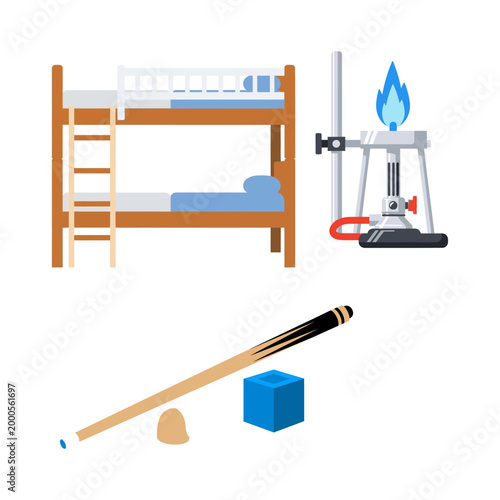 Vector art of bunk beds, billiards cue, chalk, and a Bunsen burner on white background