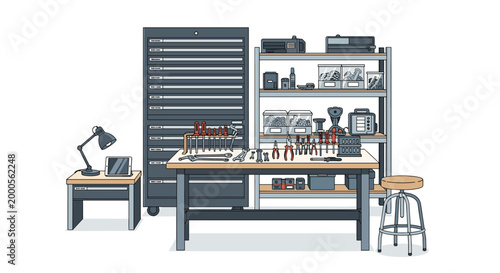 Illustration of a professional technician's workshop featuring a large tool chest, a workbench with many tools, a storage rack, and a laptop.