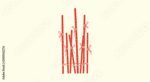 Minimalist Asian Style Red Bamboo Stalks Illustration with Ribbon Bows for Zen Nature Background