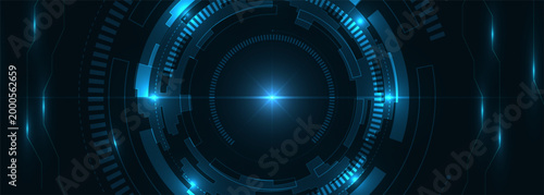 Blue digital circular hud technology background, evocative futuristic interface showcasing rotating radial menus, glowing data nodes, pulsing signals, subtle motion blur, dark gradient backdrop, sleek
