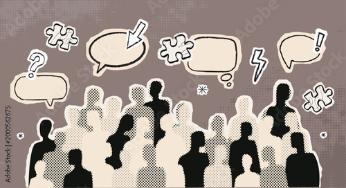 Paper collage illustration of a diverse crowd with halftone textures and speech bubbles. A metaphor for the psychology of society, the connection between people.