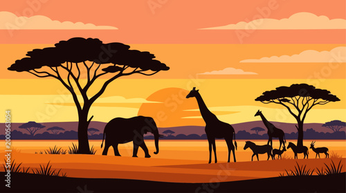 African Wildlife Savanna Sunset Flat Vector Illustration