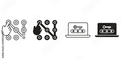 Security and data protection line icon set with safety and encryption symbols, padlock, shield, key, password, user privacy illustration vector