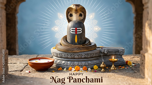 Sacred Serpent Deity Adorning Shiva Lingam with Milk Offering and Sacred Flames Symbolizing Divine Protection and Spiritual Enlightenment during Auspicious Festival Celebrations Featuring