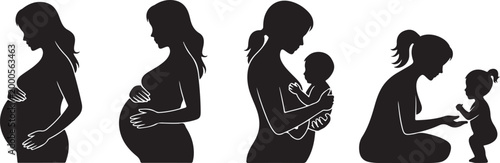 Collection of three silhouettes representing stages of motherhood from pregnancy to nursing newborn and walking with toddler showing journey of parenthood and family life. Pregnancy to Child Care  