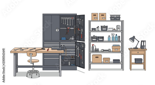 Well equipped garage workshop shows large tool cabinet, sturdy workbench, tall storage shelves, and various mechanical supplies.