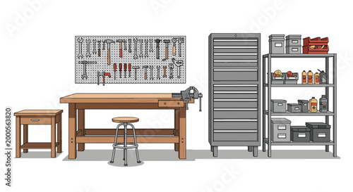 Spacious carpenter workshop interior with long wooden workbench, tool pegboard, large storage unit, and metal shelving system.