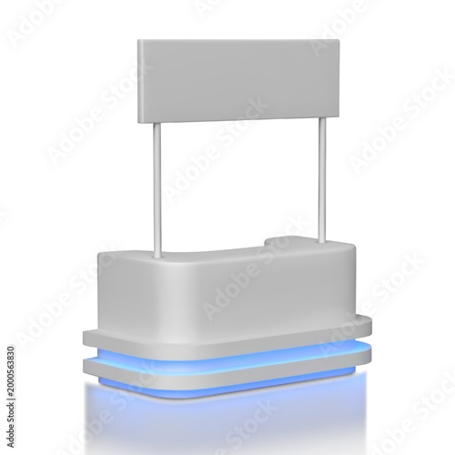 Advertising promo booth stand, service desk vector realistic 3D mockup, marketing kiosk with signboard, led illumination
