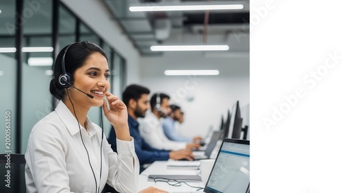 Confident and friendly young Indian woman with dark hair wearing a professional headset and crisp white shirt, attentively listening and gesturing with her hand while working at a modern office call
