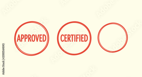 Set of Red Round Rubber Stamps with Approved and Certified Text Plus Blank Circle Template Vector