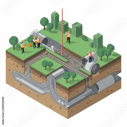 City underground infrastructure construction and maintenance illustration.