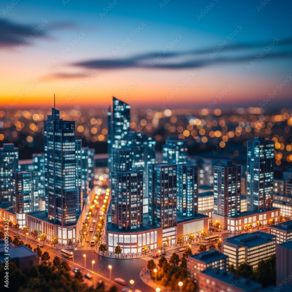 Fototapeta premium A detailed miniature scale model of a modern city center with tall glass towers, glowing streetlights, and a soft bokeh blur at sunset, tilt-shift, overhead, dusk