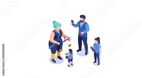 Isometric illustration of a family using mobile phones and a hoverboard.