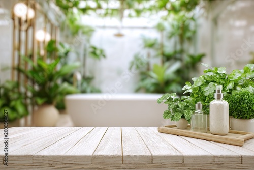 A serene bathroom scene features a light wood surface with botanical elements and a blurred background of lush greenery.