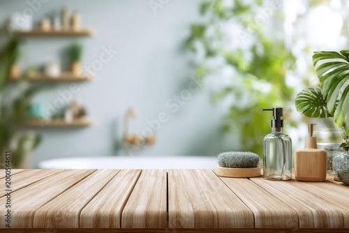 A serene bathroom scene features a wooden surface with minimalist accessories and a blurred leafy backdrop.