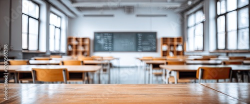 A blurred view showcases rows of wooden desks and chairs in a classic, empty classroom setting.