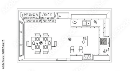 Detailed line drawing plan of large modern kitchen and dining area with central island, breakfast bar, and extensive cabinetry.