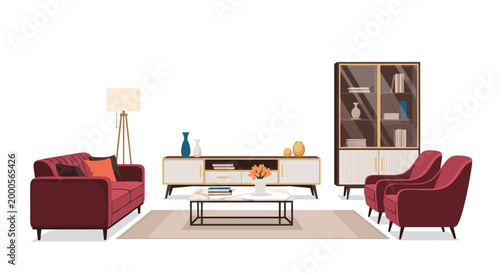 Elegant living room setup features velvet sofa, matching armchairs, large media unit, and glass cabinet with various decor items.