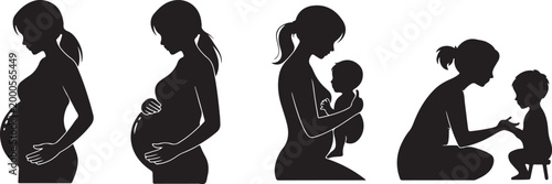 Collection of three silhouettes representing stages of motherhood from pregnancy to nursing newborn and walking with toddler showing journey of parenthood and family life. Pregnancy to Child Care  