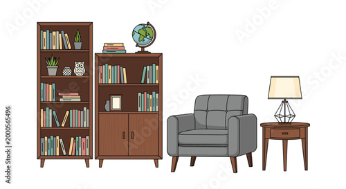 Cozy home interior corner with gray armchair, two tall wooden bookshelves, and round side table with a decorative lamp.
