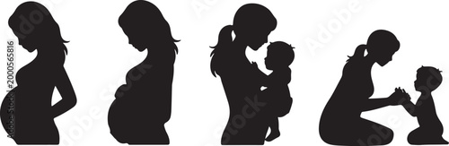 Collection of three silhouettes representing stages of motherhood from pregnancy to nursing newborn and walking with toddler showing journey of parenthood and family life. Pregnancy to Child Care  