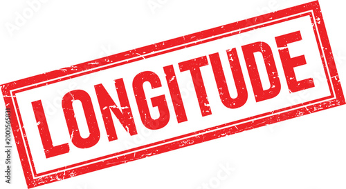 Distressed Red Rectangle Rubber Stamp Impression of the Word Longitude on White
