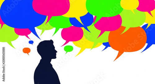 Man with colorful speech bubbles.