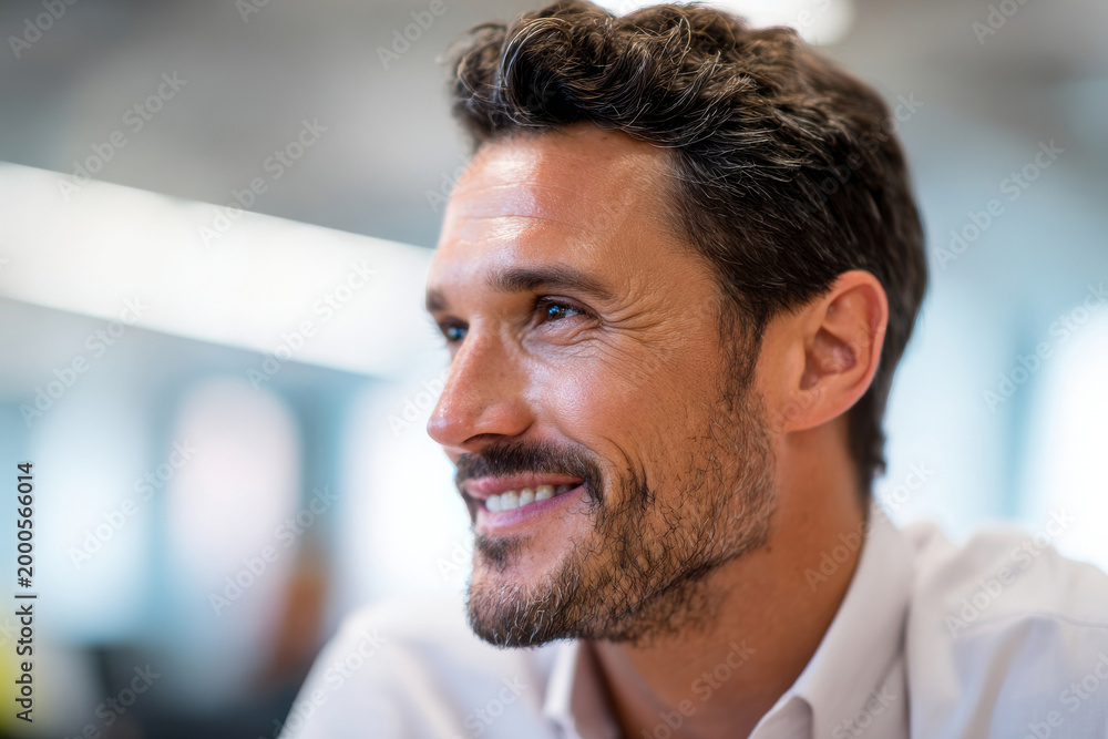 Obraz premium Modern cheerful businessman smiling while looking slightly away from camera, bright office interior background, natural daylight illuminating face, authentic corporate lifestyle scene, background with