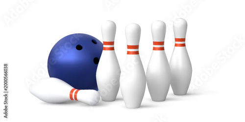 Bowling ball and skittles realistic 3D vector illustration, professional sport game equipment, bowling play strike hit