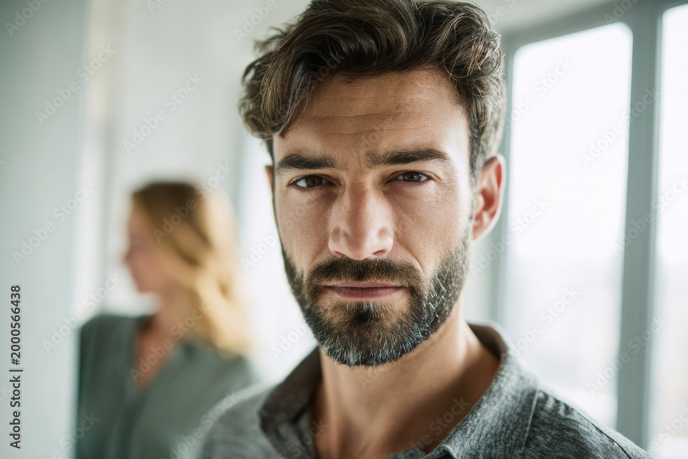 Obraz premium Confident man looking at camera while standing in bright modern apartment with partner in background, natural window light, authentic lifestyle scene, arranged in elegant aesthetic