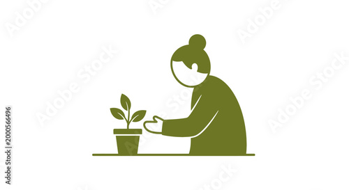 Minimalist person caring for a green potted plant