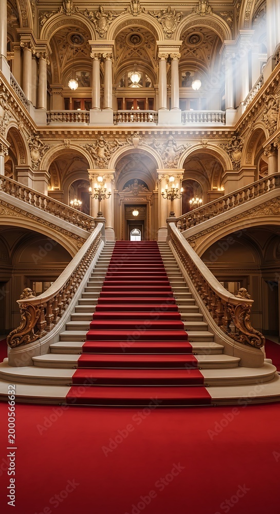Fototapeta premium Grand staircase with red carpet and ornate golden decorations in a luxurious palace interior