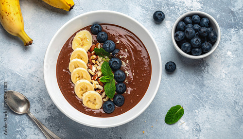 Chocolate smoothie bowl with banana, blueberries and nuts