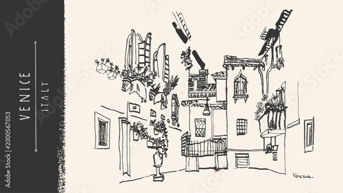 Venice Italy sketch postcard. Narrow courtyard, old houses, balconies, potted plants and flowers. Vintage hand drawn line art. European architecture, cozy alley travel illustration black ink bg