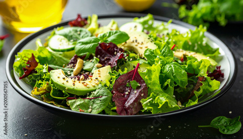 Delicious and healthy green salad of different leaves and vegetables