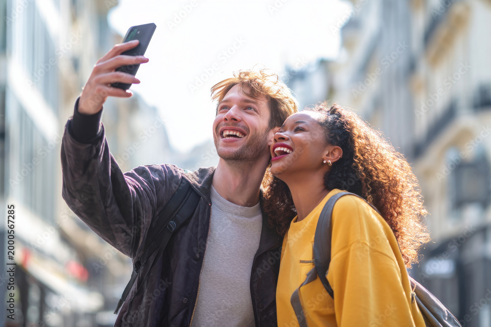 Fototapeta premium Stylized man taking selfie with friend while walking in city street, both laughing and looking at smartphone, bright natural daylight, modern urban background softly blurred, composition for business