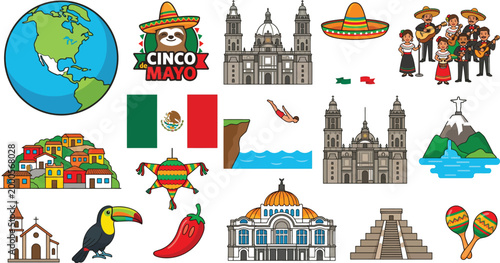 Mexico Culture and Landmarks Icon Set with Flag, Cathedral, Mariachi, Sombrero, Piñata, Toucan, Architecture and Traditional Symbols Vector Collection