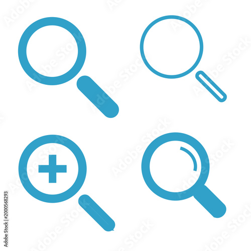 Magnifying glass icon. Set of four simple blue magnifier isolated on transparent background. 