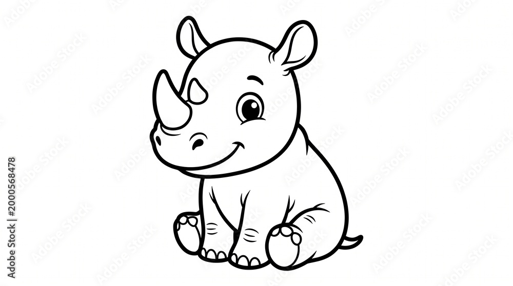 Fototapeta premium cute cartoon baby rhinoceros sitting and smiling on white background