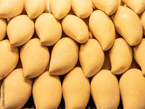 Close up of fresh ripe yellow tropical mangoes