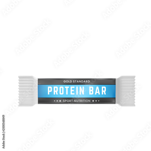 Protein bar package with white wrapper and blue label realistic 3D vector mockup, sport nutrition, supplement product