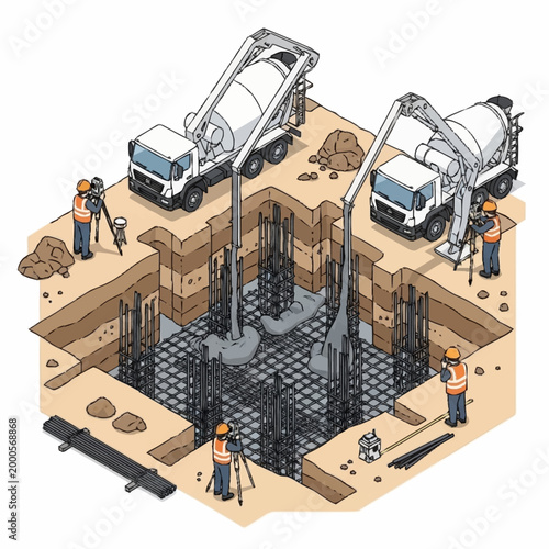 Construction workers pour concrete into foundation with cement trucks and rebar.