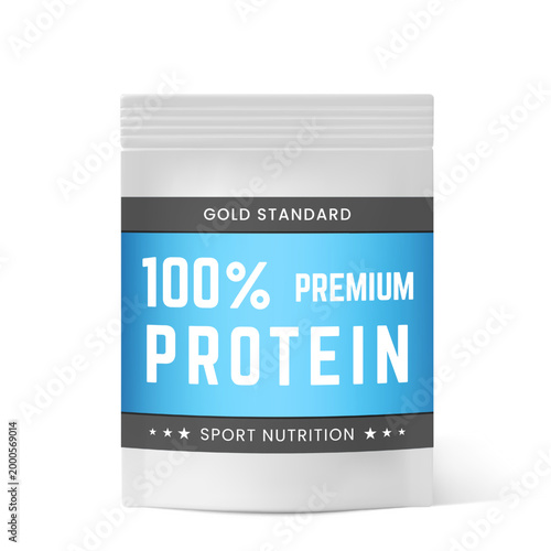 White zip bag, paper or plastic bag with black label Premium protein gold standard, sport nutrition 3D vector mockup