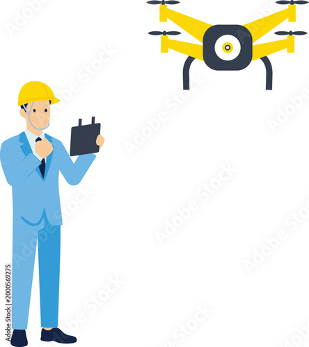 Worker operating a drone at a construction site i-Construction / DX concept, vector illustration

